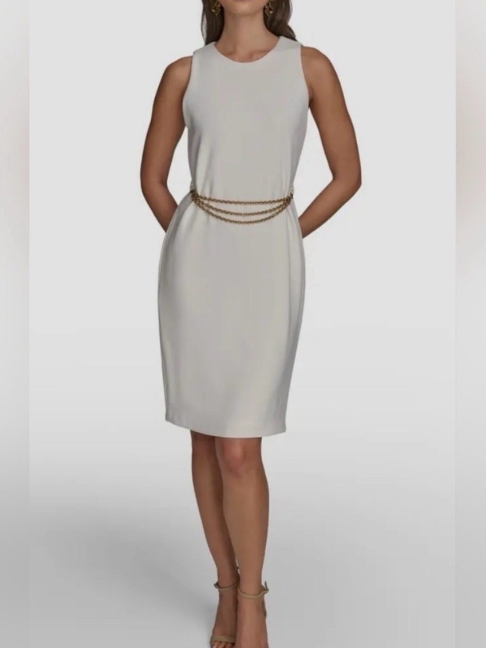 DONNA KARAN Cream Sheath Dress with Gold Chain Detail